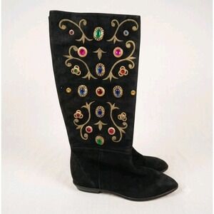 Vtg Zalo Black Suede Palace Boots Colorful Gems 80s Women's Size 6 Block Heel